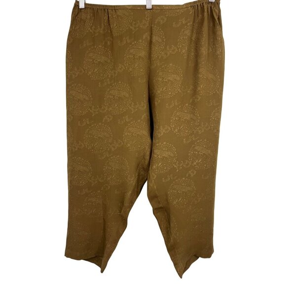 Citron Women Brown Silk Crop Plus Size Pant 1X Stretch Jacquard Bird Floral New - Picture 1 of 9